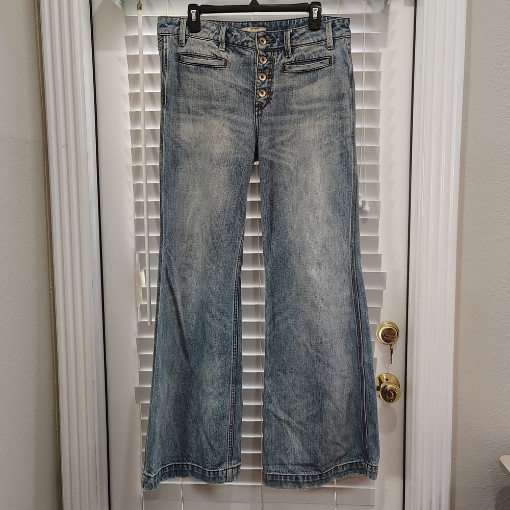 Free People Wide Leg Flare Jeans Womens 29 Blue Button Fly High Rise Boho 70s